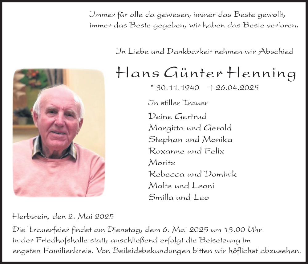  Traueranzeige für Hans Günter Henning vom 02.05.2025 aus Lauterbacher Anzeiger
