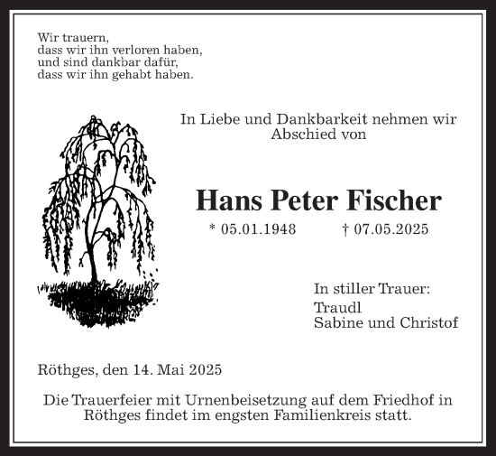 Traueranzeige von Hans Peter Fischer von Laubacher Anzeiger