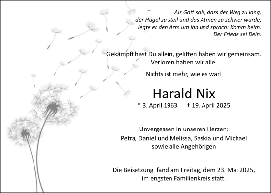 Traueranzeige von Harald Nix von Usinger Anzeiger
