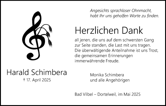 Traueranzeige von Harald Schimbera von Bad Vilbel/Karben