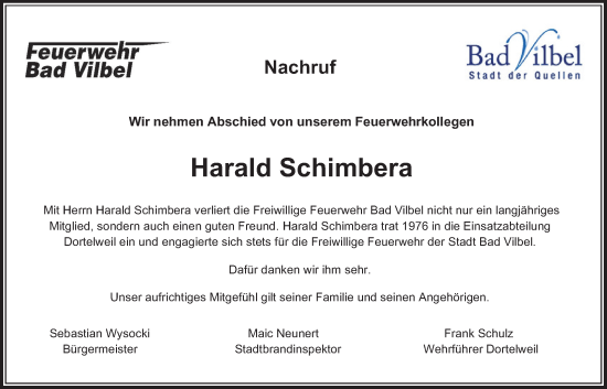 Traueranzeige von Harald Schimbera von Bad Vilbel/Karben