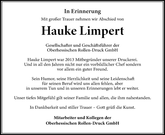 Traueranzeige von Hauke Limpert von Oberhessische Zeitung