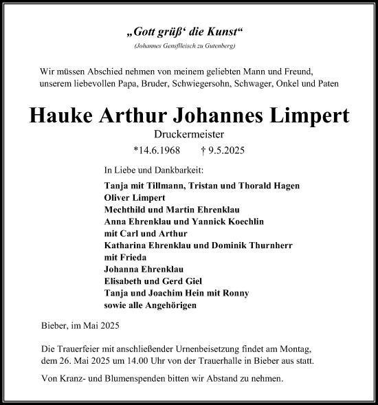 Traueranzeige von Hauke Arthur Johannes Limpert von Oberhessische Zeitung, Giessener Allgemeine, Alsfelder Allgemeine