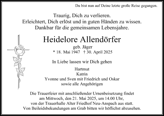 Traueranzeige von Heidelore Allendörfer von Usinger Anzeiger