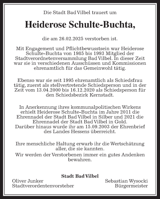 Traueranzeige von Heiderose Schulte-Buchta von Bad Vilbel/Karben