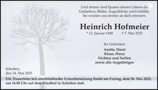 Traueranzeige von Heinrich Hofmeier von Kreis-Anzeiger