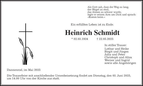 Traueranzeige von Heinrich Schmidt von Alsfelder Allgemeine, Oberhessische Zeitung