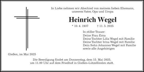 Traueranzeige von Heinrich Wegel von Giessener Anzeiger