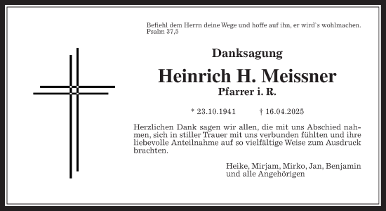 Traueranzeige von Heinrich H. Meissner von Giessener Allgemeine, Alsfelder Allgemeine, Giessener Anzeiger