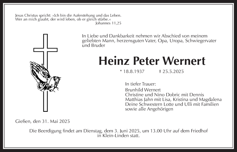  Traueranzeige für Heinz Peter Wernert vom 31.05.2025 aus Giessener Anzeiger, Giessener Allgemeine, Alsfelder Allgemeine
