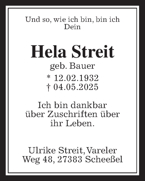Traueranzeige von Hela Streit von Usinger Anzeiger