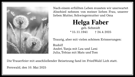 Traueranzeige von Helga Faber von Giessener Allgemeine, Alsfelder Allgemeine, Giessener Anzeiger, Giessener Allgemeine, Alsfelder Allgemeine, Giessener Anzeiger