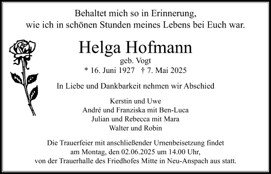 Traueranzeige von Helga Hofmann von Usinger Anzeiger