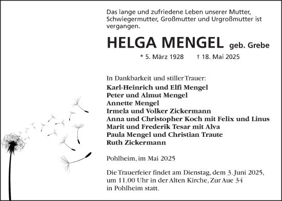 Traueranzeige von Helga Mengel von Giessener Allgemeine, Alsfelder Allgemeine