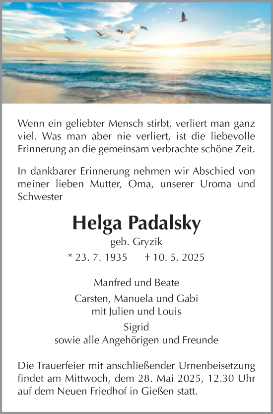 Traueranzeige von Helga Padalsky von Giessener Allgemeine, Alsfelder Allgemeine