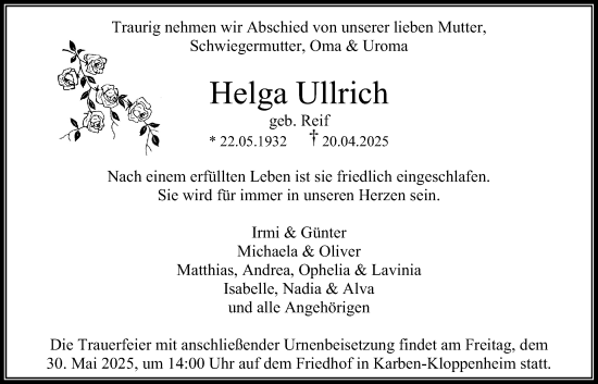 Traueranzeige von Helga Ullrich von Bad Vilbel/Karben