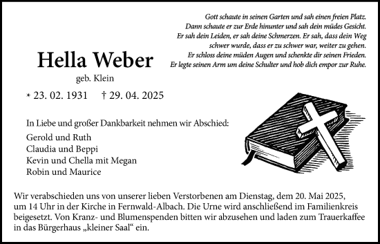 Traueranzeige von Hella Weber von Giessener Allgemeine, Alsfelder Allgemeine