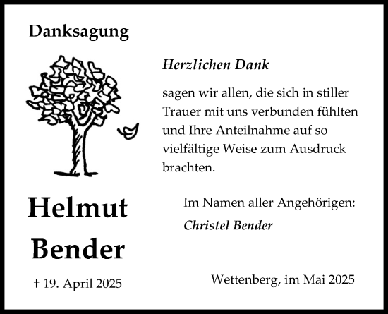 Traueranzeige von Helmut Bender von Giessener Allgemeine, Alsfelder Allgemeine