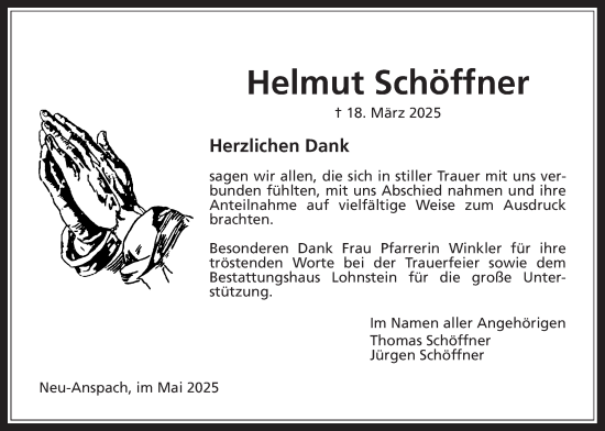 Traueranzeige von Helmut Schöffner von Usinger Anzeiger
