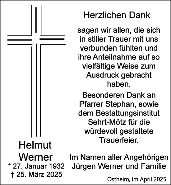 Traueranzeige von Helmut Werner von Butzbacher Zeitung