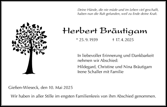 Traueranzeige von Herbert Bräutigam von Giessener Allgemeine, Alsfelder Allgemeine, Giessener Anzeiger