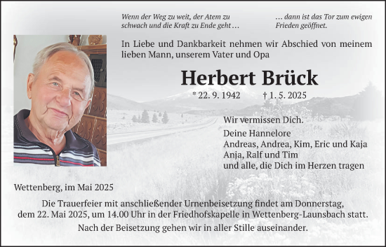 Traueranzeige von Herbert Brück von Giessener Allgemeine, Alsfelder Allgemeine, Giessener Anzeiger