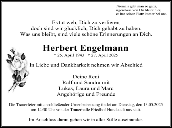 Traueranzeige von Herbert Engelmann von Usinger Anzeiger, Usinger Anzeigenblatt, Usinger Anzeiger, Usinger Anzeigenblatt