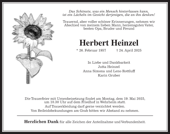Traueranzeige von Herbert Heinzel von Usinger Anzeiger, Usinger Anzeigenblatt, Usinger Anzeiger, Usinger Anzeigenblatt