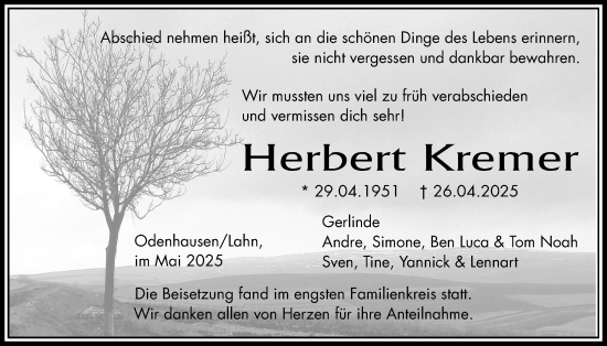 Traueranzeige von Herbert Kremer von Giessener Allgemeine, Alsfelder Allgemeine, Giessener Anzeiger