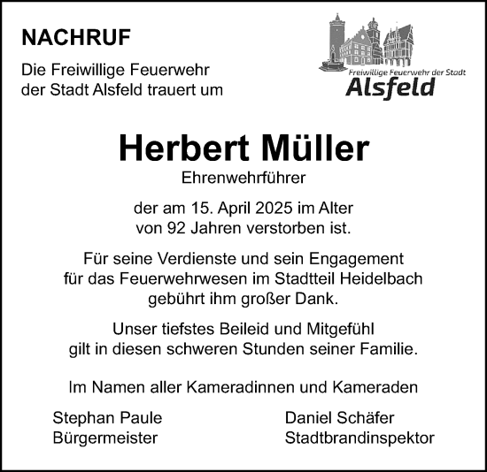 Traueranzeige von Herbert Müller von Oberhessische Zeitung