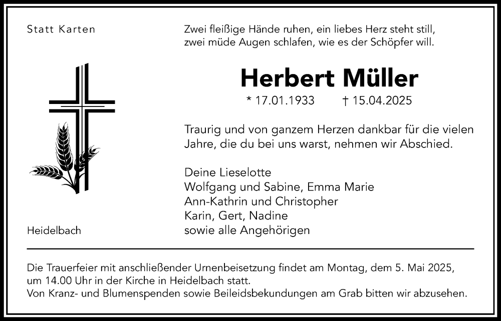  Traueranzeige für Herbert Müller vom 26.04.2025 aus Oberhessische Zeitung, 