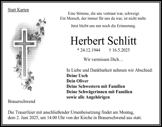 Traueranzeige von Herbert Schlitt von Oberhessische Zeitung, 