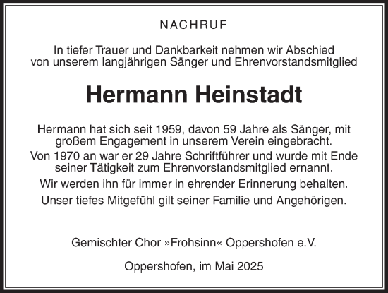 Traueranzeige von Hermann Heinstadt von Butzbacher Zeitung, Wetterauer Zeitung