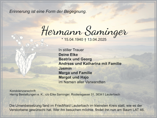 Traueranzeige von Hermann Saminger 
