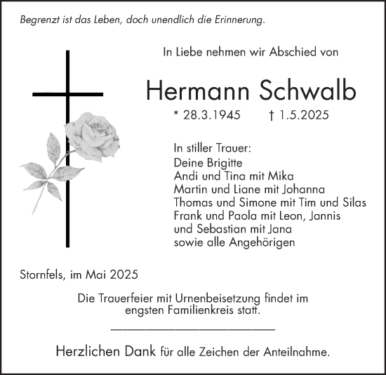 Traueranzeige von Hermann Schwalb von Kreis-Anzeiger