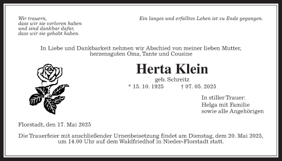 Traueranzeige von Herta Klein von Wetterauer Zeitung