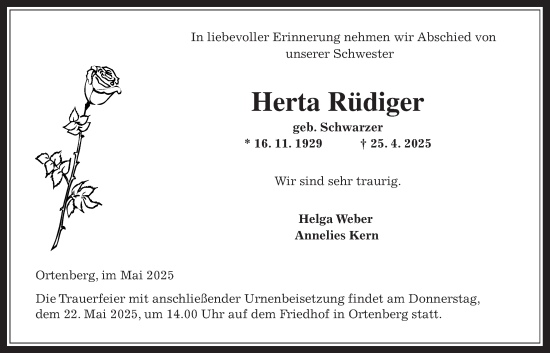Traueranzeige von Herta Rüdiger von Kreis-Anzeiger
