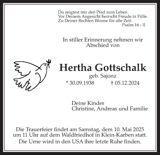 Traueranzeige von Hertha Gottschalk von Bad Vilbel/Karben