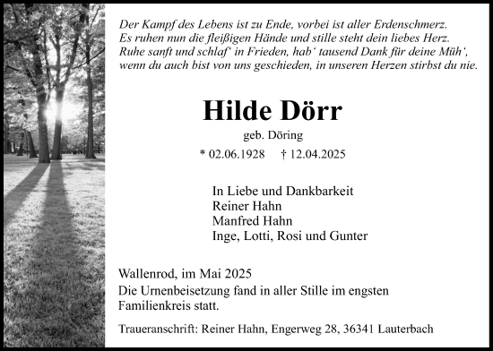 Traueranzeige von Hilde Dörr von Lauterbacher Anzeiger, Lauterbacher Anzeiger