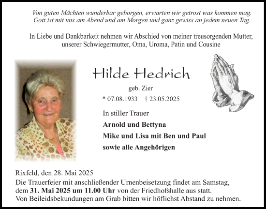 Traueranzeige von Hilde Hedrich von Lauterbacher Anzeiger