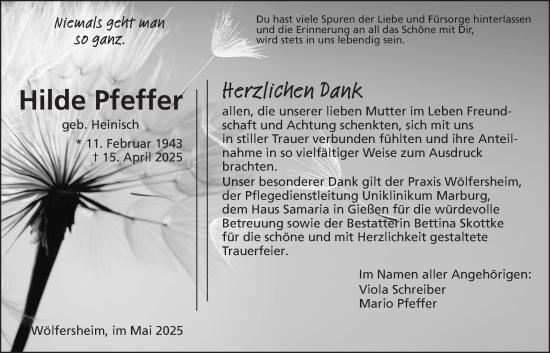 Traueranzeige von Hilde Pfeffer von Wetterauer Zeitung
