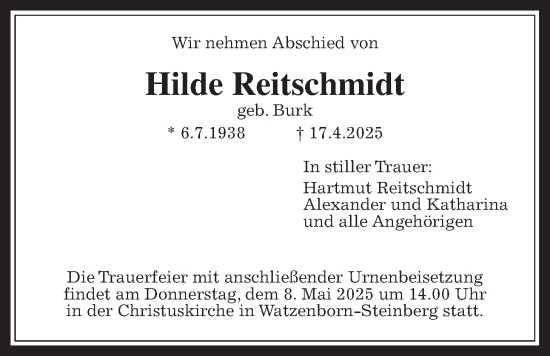 Traueranzeige von Hilde Reitschmidt von Giessener Allgemeine, Alsfelder Allgemeine, Giessener Anzeiger