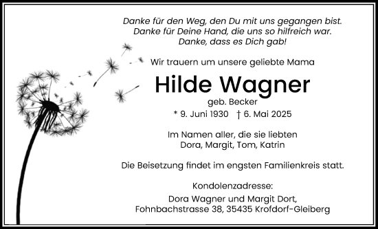 Traueranzeige von Hilde Wagner von Giessener Allgemeine, Alsfelder Allgemeine, Giessener Anzeiger, Giessener Allgemeine, Alsfelder Allgemeine, Giessener Anzeiger