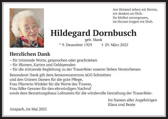 Traueranzeige von Hildegard Dornbusch von Usinger Anzeiger