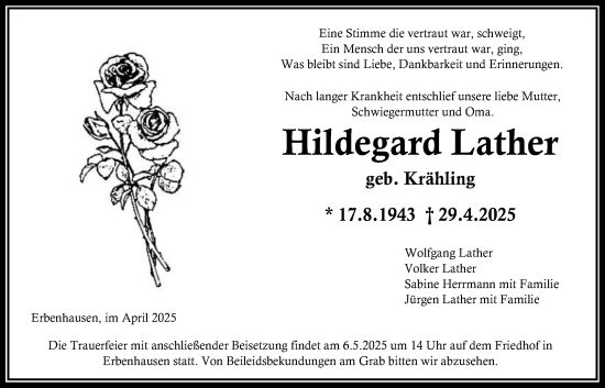 Traueranzeige von Hildegard Lather von Alsfelder Allgemeine, Oberhessische Zeitung