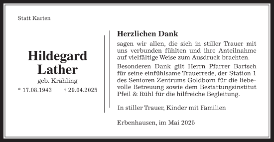 Traueranzeige von Hildegard Lather von Alsfelder Allgemeine, Oberhessische Zeitung