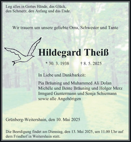 Traueranzeige von Hildegard Theiß von Giessener Allgemeine, Alsfelder Allgemeine, Giessener Allgemeine, Alsfelder Allgemeine
