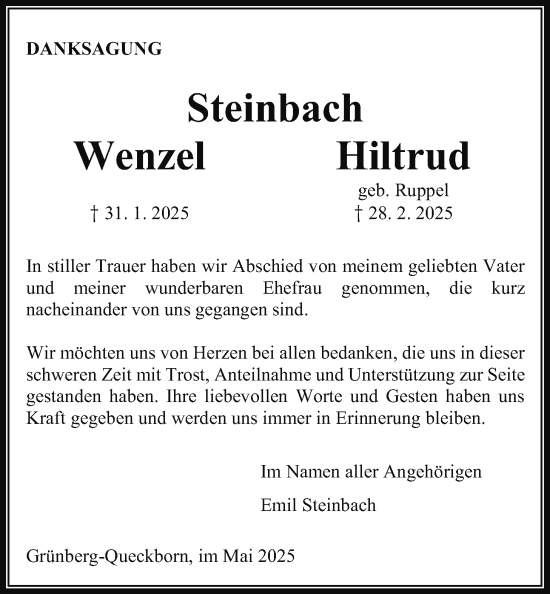 Traueranzeige von Hiltrud Steinbach von Giessener Allgemeine, Alsfelder Allgemeine, Giessener Allgemeine, Alsfelder Allgemeine