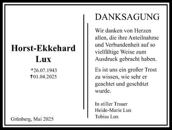 Traueranzeige von Horst-Ekkehard Lux von Giessener Allgemeine, Alsfelder Allgemeine