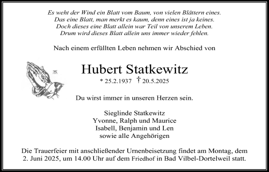 Traueranzeige von Hubert Statkewitz von Bad Vilbel/Karben
